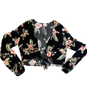 NWT! Garage Black Floral Long Sleeve Long V-neck Front  Knot Top Size M